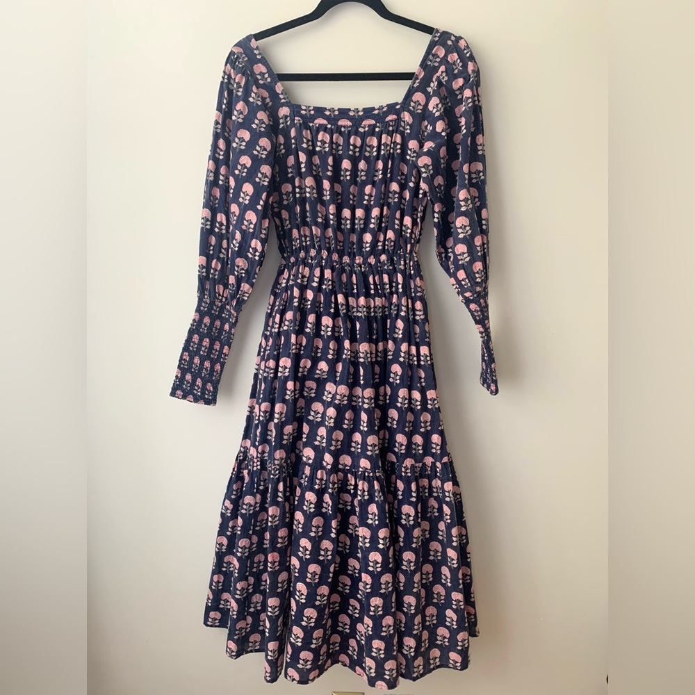 Ophelia & Indigo Navy and Pink Floral Block Print Long Sleeve Midi Dress